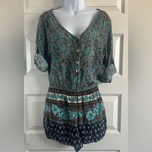 MIMI CHICA Boho Teal Floral Button-Front Tunic Romper Size Medium